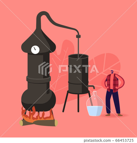 Tiny Male Character Cooking Homemade Moonshine in Special Retro Hooch Tower Working on Fire Tiny Male Character Cooking Homemade Moonshine in Special Retro Hooch Tower Working on Fire 66453725