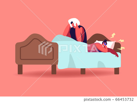 Husband Suffering of Sleeping Wife Snoring. Female Character Snore at Night Sleep. Breathing Disease, Noise Pollution 66453732