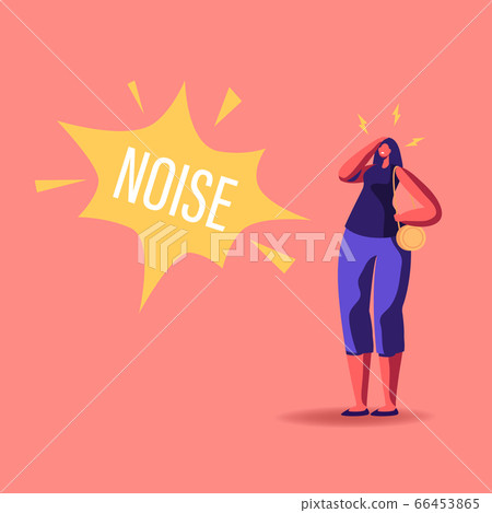 Female Character Suffering of Noise Pollution. Big City Social Problem of Much Hubbub on Street 66453865