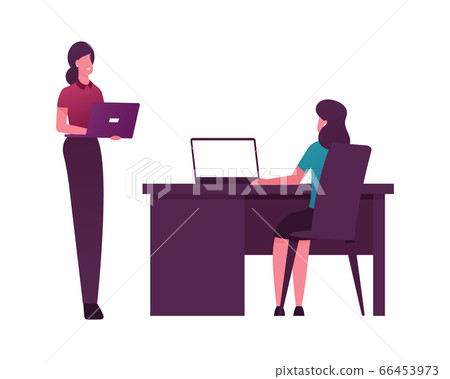Female Character with Notebook Sitting Desk Work on Computers with Quantum Technology Female Character with Notebook Sitting Desk Work on Computers with Quantum Technology 66453973