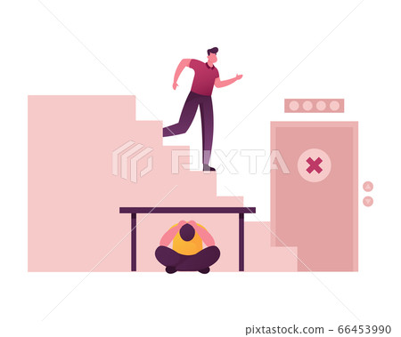 Scared Male Character Running Downstairs for Evacuation from Shaking Building, Man Sitting under Table 66453990
