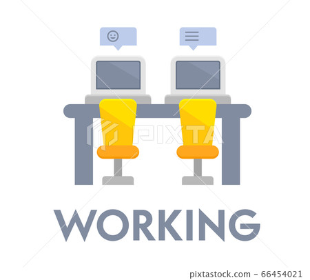 Working or Coworking Banner with Desk, Chairs and Computers with Speech Bubbles. Icon or Badge Isolated Working or Coworking Banner with Desk, Chairs and Computers with Speech Bubbles. Icon or Badge Isolated 66454021