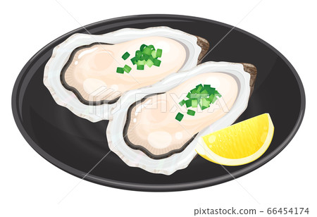 Illustration of oyster with lemon and leek _ plate 66454174