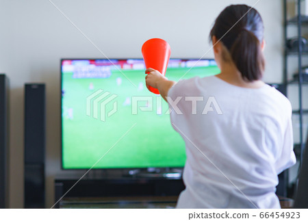 Image of a young woman watching sports at home on TV [Professional soccer video distribution service] 66454923
