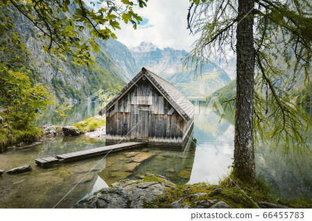 Old boat house at Lake Obersee in summer, Bavaria, Germany 66455783