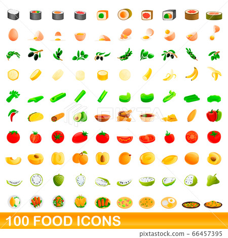 100 food icons set, cartoon style 66457395
