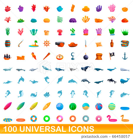 100 universal icons set, cartoon style 66458057