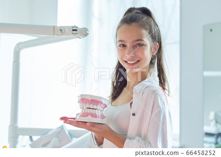 Smiling teenager girl in dental office holding jaw model with teeth 66458252