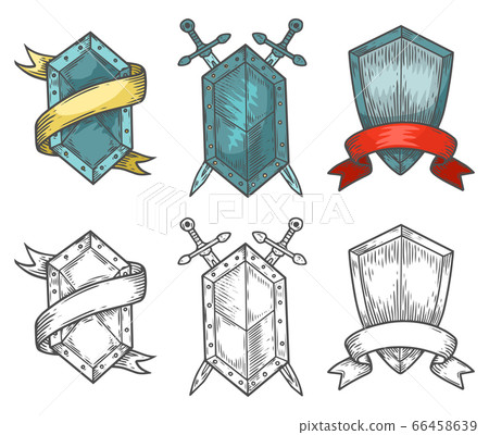 Heraldic medieval hand drawn shields. Sketch vector 66458639