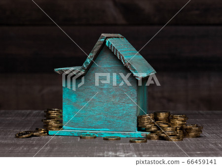 Wooden house model with coins next to it and hand 66459141