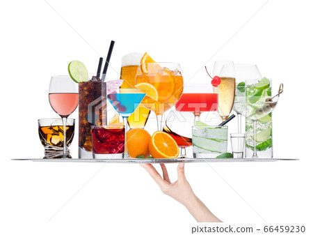 Hand holding tray with various cocktails with ice Hand holding tray with various cocktails with ice 66459230