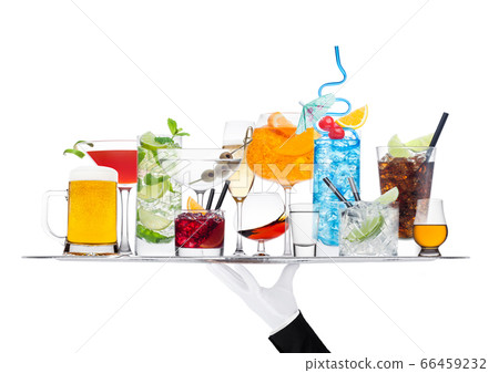 Batler waiter wearing white glove tray with 66459232