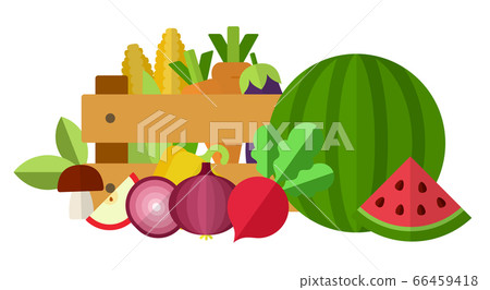 Harvest composition in a box, vegetables, berries and mushrooms nearby vector illustration 66459418