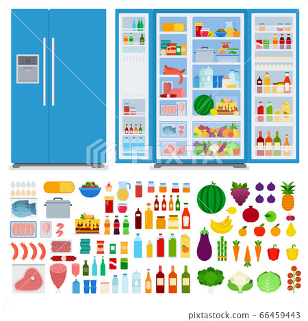 Refrigerator with closed and opened door. Set different foods. Vector flat illustrations. Refrigerator with closed and opened door. Set different foods. Vector flat illustrations. 66459443