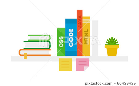 Programming books with text CSS, CODE, JAVA, HTML on the shelf vector illustration in a flat design. Programming books with text CSS, CODE, JAVA, HTML on the shelf vector illustration in a flat design. 66459459