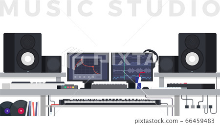 Music studio. Vector flat illustrations. Musician working cabinet with digital equipment. 66459483