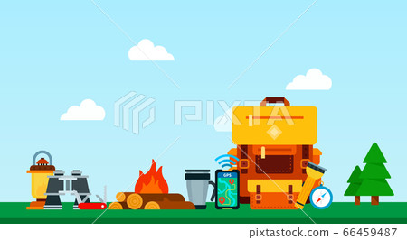 Illustration with camping equipment for mountain tourism on a background of nature flat vector set Illustration with camping equipment for mountain tourism on a background of nature flat vector set 66459487