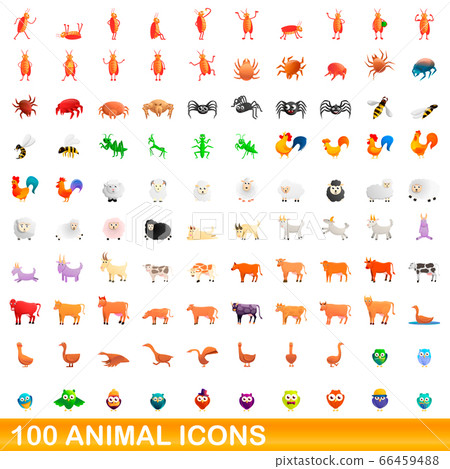 100 animal icons set, cartoon style 66459488