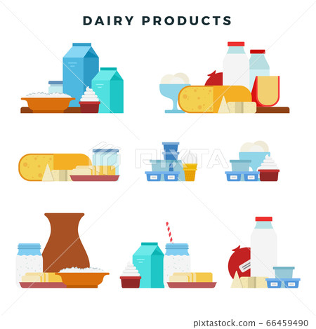 Dairy products vector set flat icons. Different... - Stock Illustration ...