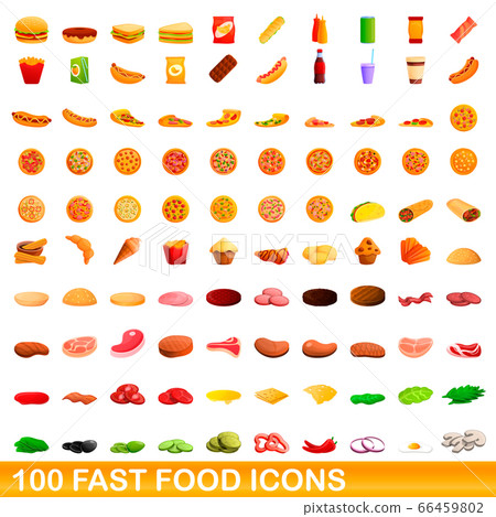 100 fast food icons set, cartoon style 66459802