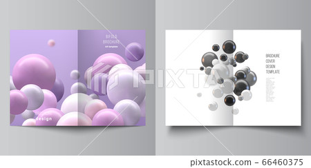 Vector layout of two A4 cover mockup templates for bifold brochure, flyer, magazine, cover design, book design. Abstract vector futuristic background with colorful 3d spheres, glossy bubbles, balls. 66460375