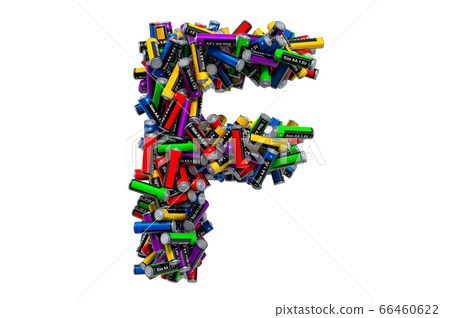 Letter F from colored AA batteries, 3D rendering Letter F from colored AA batteries, 3D rendering 66460622