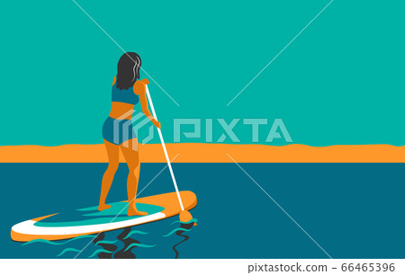 Woman standing on Board with a Paddle. Standup paddleboarding SUP. Sports Girl at sea, ocean. Stand up paddle surfing. Summer Activity on Water. Beach activities. Vector illustration in flat style. Woman standing on Board with a Paddle. Standup paddleboarding SUP. Sports Girl at sea, ocean. Stand up paddle surfing. Summer Activity on Water. Beach activities. Vector illustration in flat style. 66465396