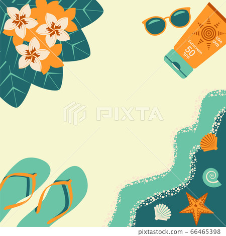 Poster template, summer time announcements. Top view, summer holiday, sea waves, shells, starfish, sunglasses, sunscreen, tropical flowers, flip flops. Vector Illustration in Flat style. Poster template, summer time announcements. Top view, summer holiday, sea waves, shells, starfish, sunglasses, sunscreen, tropical flowers, flip flops. Vector Illustration in Flat style. 66465398