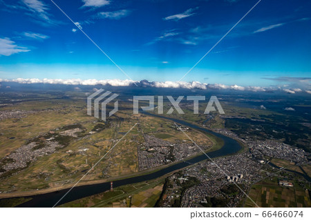 Aerial view Chiba prefecture Ibaraki prefecture border Tonegawa Tegagawa Abiko city Fusa Tone town Sakae town Inzai city Horizontal position Aerial view Chiba prefecture Ibaraki prefecture border Tonegawa Tegagawa Abiko city Fusa Tone town Sakae town Inzai city Horizontal position 66466074