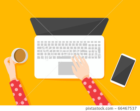Hands holding coffee cup working on computer and smartphone, work from home concept, study from home concept, top view, vector illustration 66467537