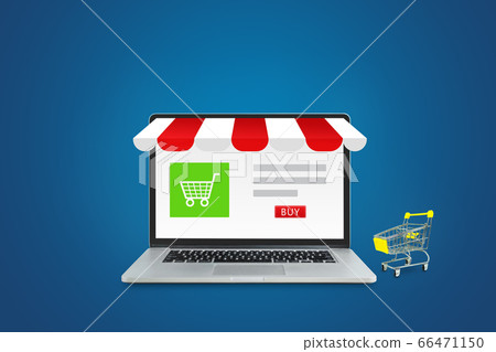Shopping shop store on laptop screen with shopping cart put on nearly the laptop. Shopping shop store on laptop screen with shopping cart put on nearly the laptop. 66471150