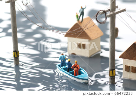 Landscape of diorama rescued by flooded town and lifeboat 66472233