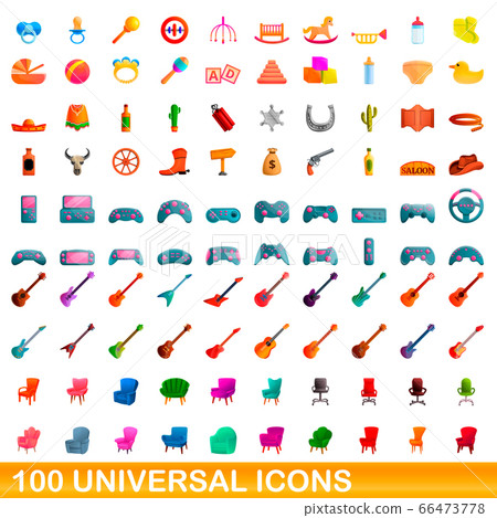 100 universal icons set, cartoon style 66473778
