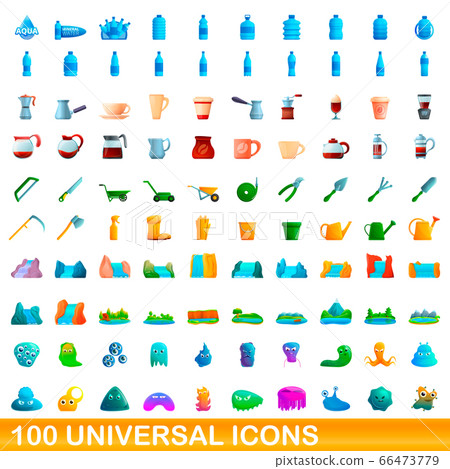 100 universal icons set, cartoon style 66473779