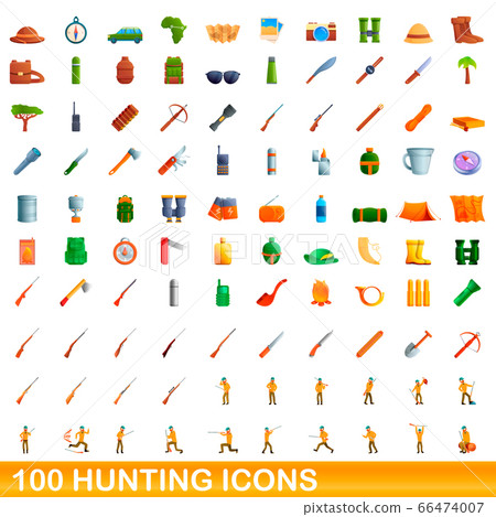 100 hunting icons set, cartoon style 100 hunting icons set, cartoon style 66474007
