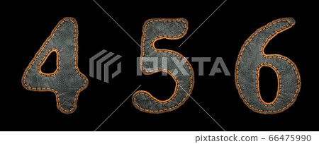 Set of numbers 4, 5, 6 made of leather. 3D render font with skin texture isolated on black background. 66475990