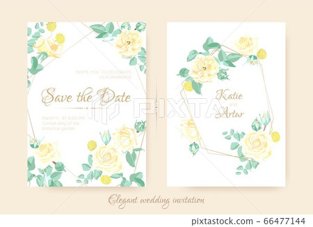 Wedding Invitation with Floral Bouquet in Pastel Colors. Vintage Flowers for Greeting Card Design, Announcement of Wedding Celebration. Romantic Roses illustration with Vector Leaves for Invitation. 66477144