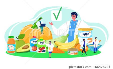 Baby food control, approved by doctor, vector illustration. Natural product examination, confirm tasty fresh vegetable. Baby food control, approved by doctor, vector illustration. Natural product examination, confirm tasty fresh vegetable. 66478721