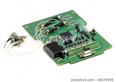 Electronic printed circuit board with optic connectors attached and other components, front side Electronic printed circuit board with optic connectors attached and other components, front side 66479399