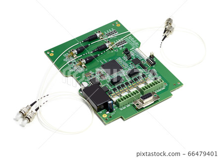 Electronic printed circuit board with microchip, many electrical components and optical connectors 66479401