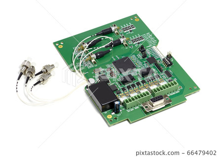 Electronic printed circuit board with microchip, many electrical components and optical connectors Electronic printed circuit board with microchip, many electrical components and optical connectors 66479402