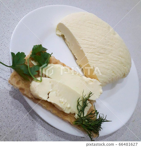 Homemade cheese on a plate, isolated on a white background Homemade cheese on a plate, isolated on a white background 66481627