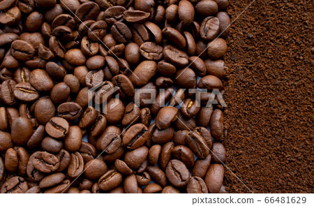 Image of coffee beans and ground instant coffee. Background of coffee beans and coffee powder. 66481629