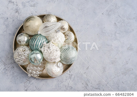 Christmas decorations on golden round tray 66482804