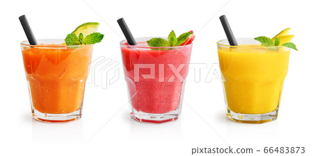 Glasses of papaya, mango and strawberry smoothie Glasses of papaya, mango and strawberry smoothie 66483873