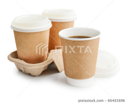 Disposable takeaway cups with coffee in holder 66483896