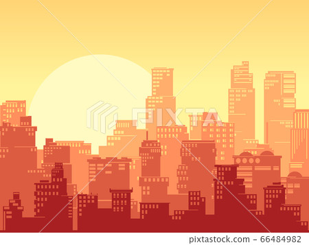 Horizontal stylized illustration of a big city at sunset. 66484982