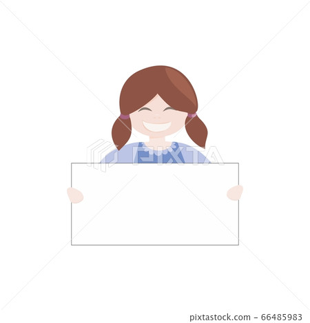 Brown hair girl holding white empty banner. Brunette kid hostess smiling and showing big empty page add. Vector illustration isolated on white background Brown hair girl holding white empty banner. Brunette kid hostess smiling and showing big empty page add. Vector illustration isolated on white background 66485983