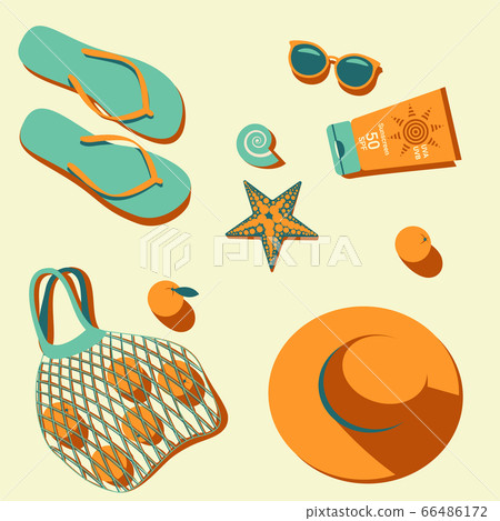 Set for relaxing on the beach. Hat, sun Set for relaxing on the beach. Hat, sun 66486172