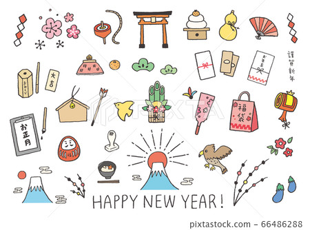 Hand-drawn illustrations/icons (color) related to New Year 66486288